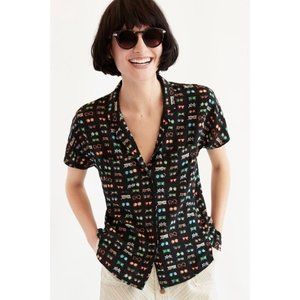 Anthropologie Silk Sunglasses Button Front Black Top